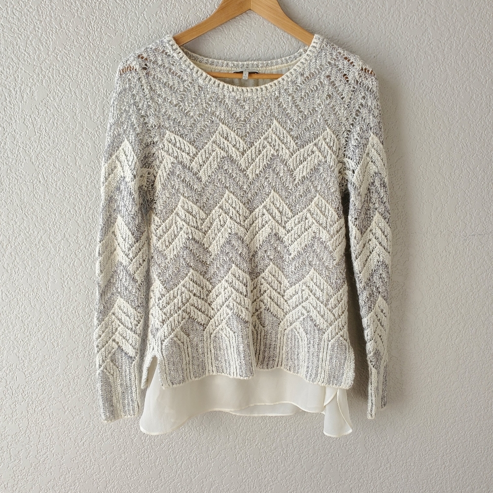 Lucky Brand grey white silver pointelle knit chiffon layered sweater